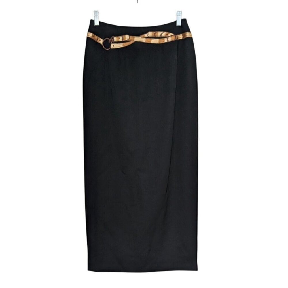 Vintage Embroidered Equestrian Maxi Skirt Womens Size 8 Black Wool Long Lined